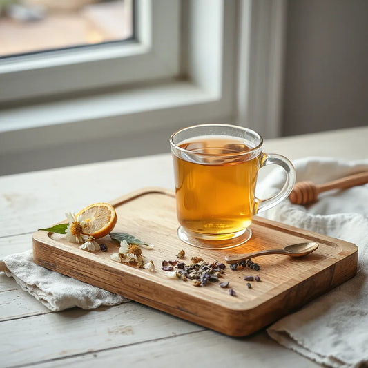 Dried sleep-friendly herbs and a cup of amber herbal tea on a wooden tray