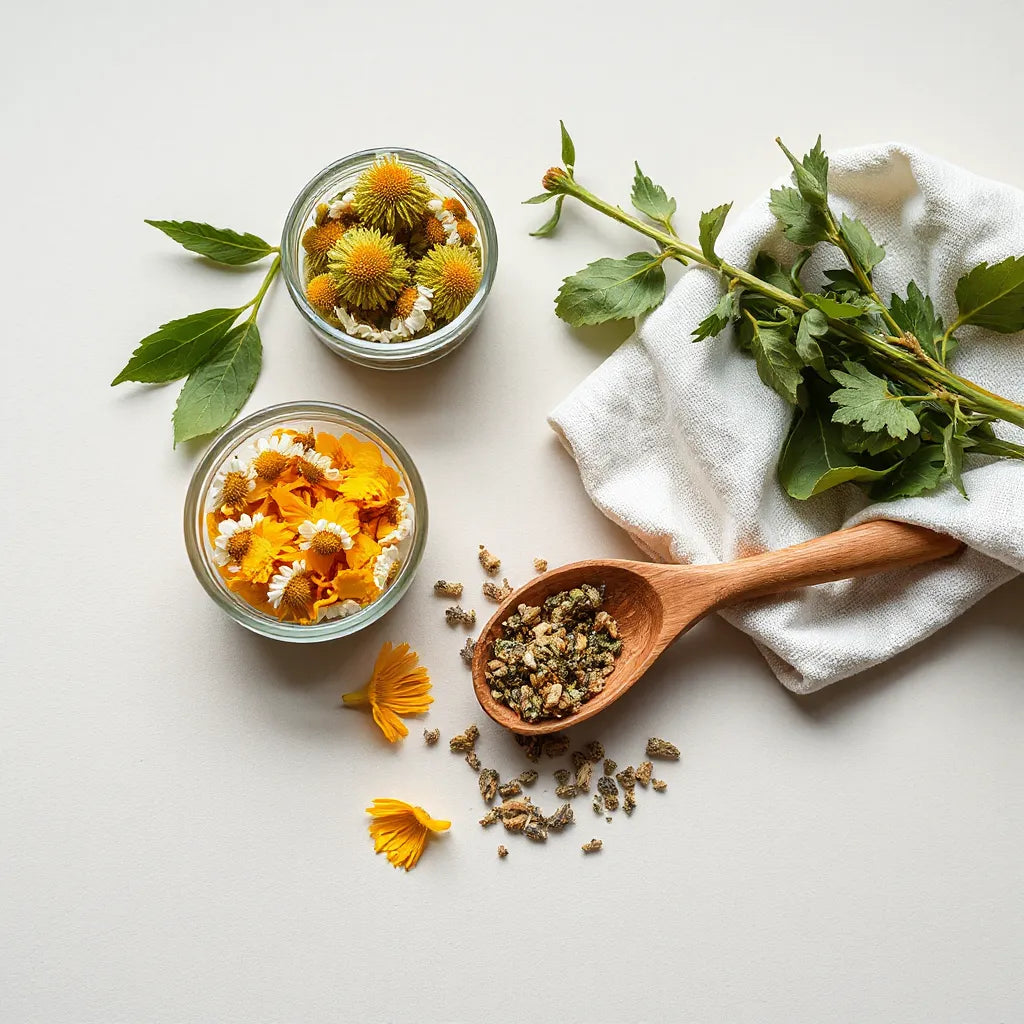 Dried chamomile, calendula petals, and green herb leaves arranged in small glass bowls