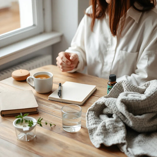 Person journaling beside warm herbal tea, with a diffuser and calm morning self-care items on a wooden table