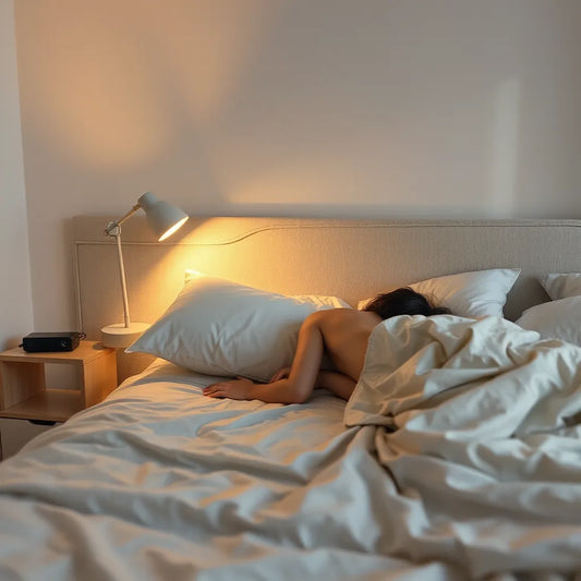 Calm person resting in bed at night with warm bedside light, suggesting relief from nighttime discomfort.