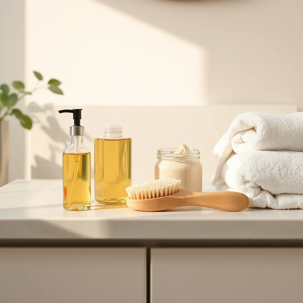 Natural foot care products with essential oil, lotion, scrub, and a wooden foot brush on a bathroom counter