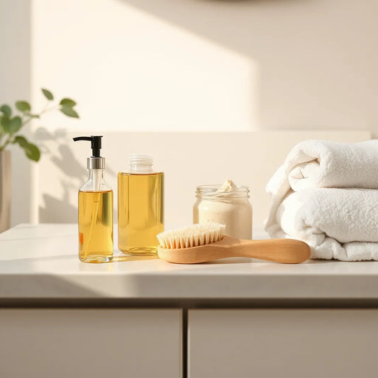 Natural foot care products with essential oil, lotion, scrub, and a wooden foot brush on a bathroom counter