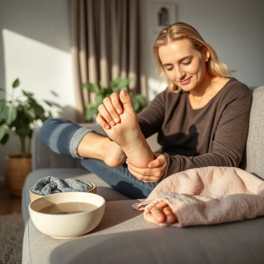 Person gently massaging tired soles and arches with warm relaxation at home