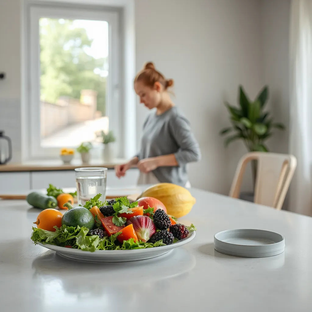 Healthy meal prep and a calm home setting suggesting overweight management habits