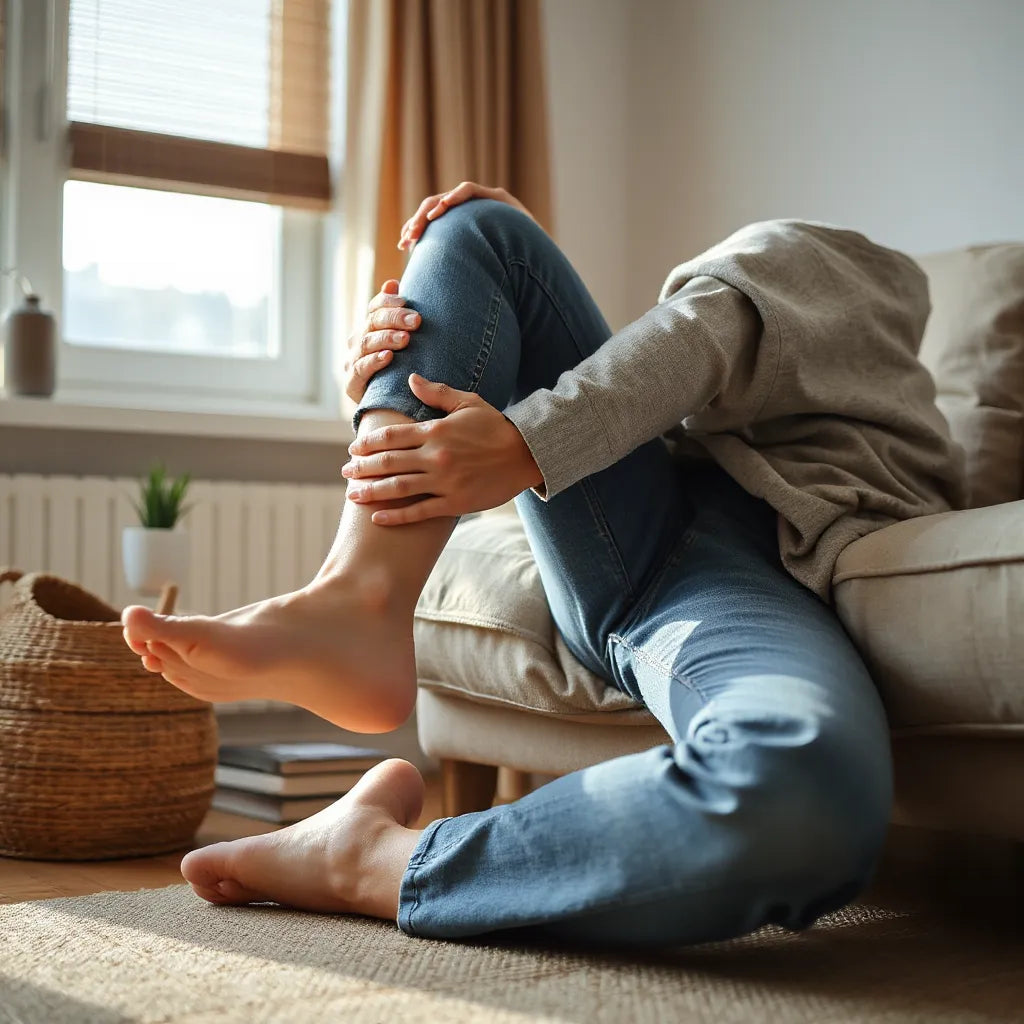 Person gently stretching lower legs in warm natural light to support healthier circulation