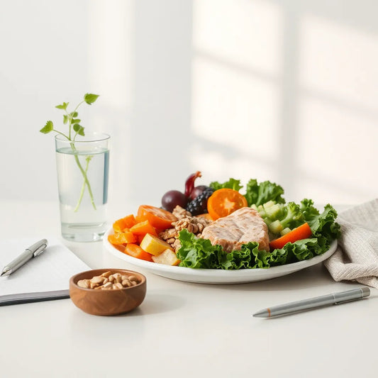 Balanced meal items and water on a kitchen counter beside notes for daily metabolic wellness habits