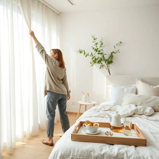 Bright morning window light with a glass of water and fresh breakfast items on a tidy bedside table