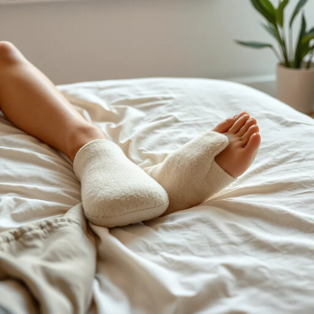 Relaxing feet resting with detox foot pads placed on the sole area