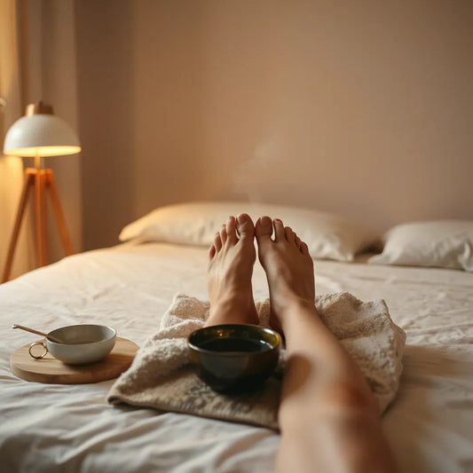 Relaxed feet resting on a clean towel at night with warm lighting and simple foot care essentials nearby