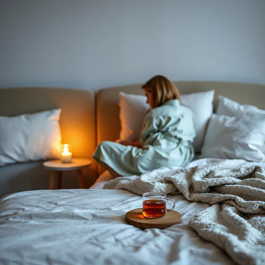Cozy nightstand with warm lamp glow and tea beside a relaxed person on a neatly made bed