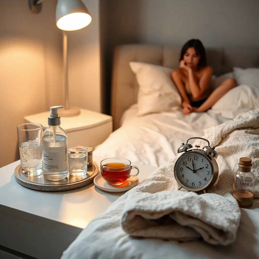 Calm bedside setup at night with skincare items and herbal tea for a relaxing nightly routine