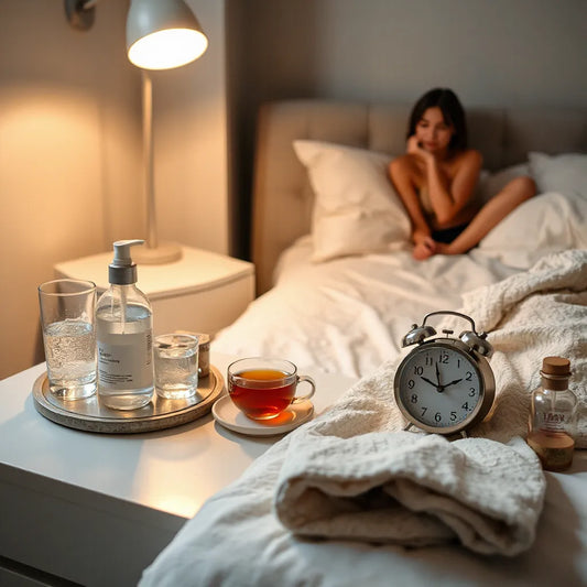Calm bedside setup at night with skincare items and herbal tea for a relaxing nightly routine