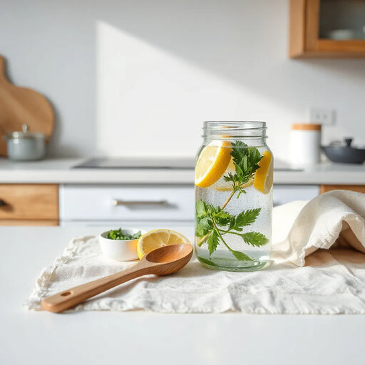 Glass of infused water with lemon and herbs on a clean kitchen counter