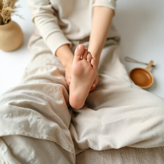 Bare feet resting with gentle light on the lower leg area suggesting neuropathy discomfort