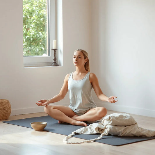Person sitting calmly in mindful relaxation posture in a quiet, sunlit room