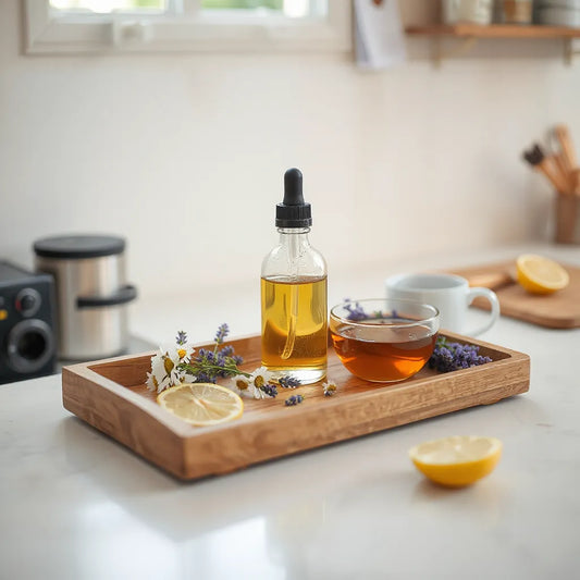 Glass dropper bottle with herbal oil, flowers, and warm herbal tea on a clean kitchen counter
