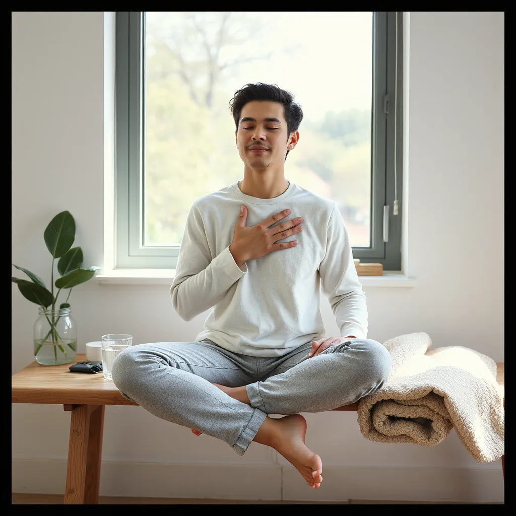 Person practicing calm breathing with natural light, water, and a plant in a quiet wellness room