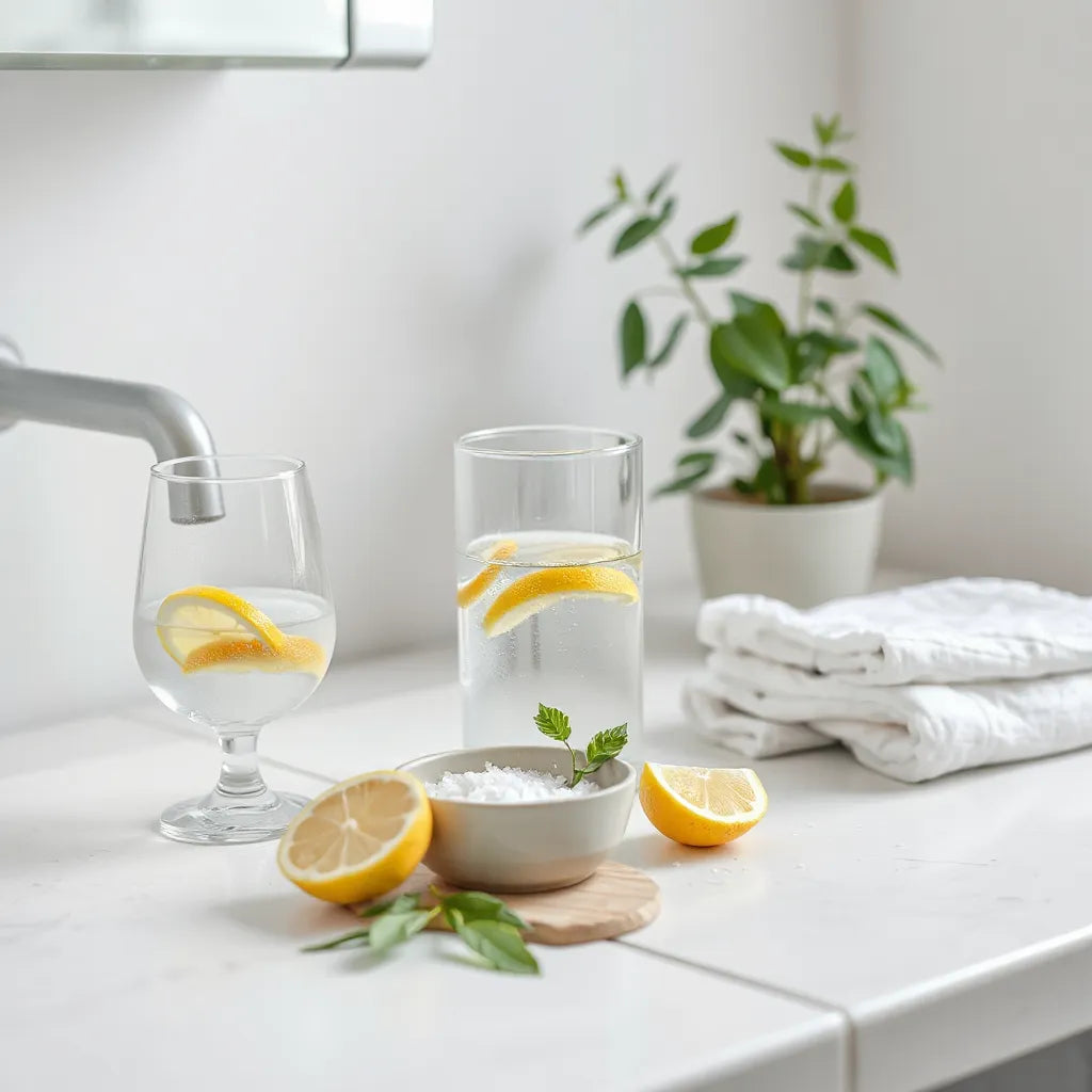 Glass of water with lemon, sea salt bowl, and a fresh herb plant on a clean counter