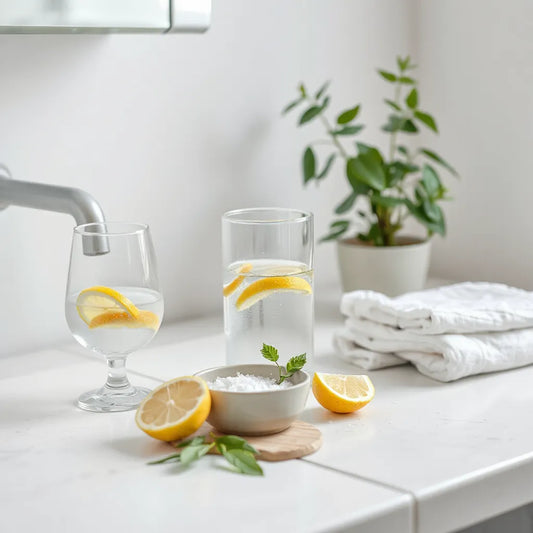Glass of water with lemon, sea salt bowl, and a fresh herb plant on a clean counter