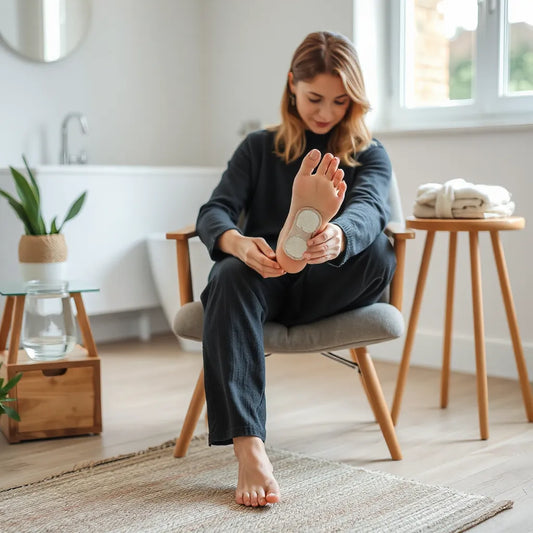 Person applying stress relief foot pads to the sole in a calm, well-lit home setting