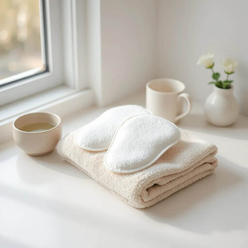 Morning foot pads laid out on a towel with water nearby in soft natural light