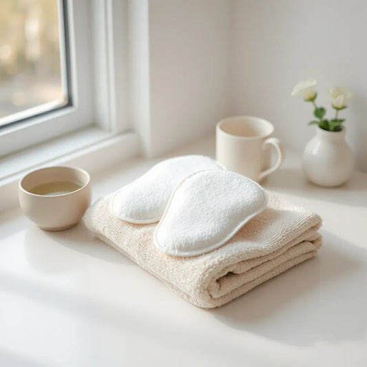 Morning foot pads laid out on a towel with water nearby in soft natural light