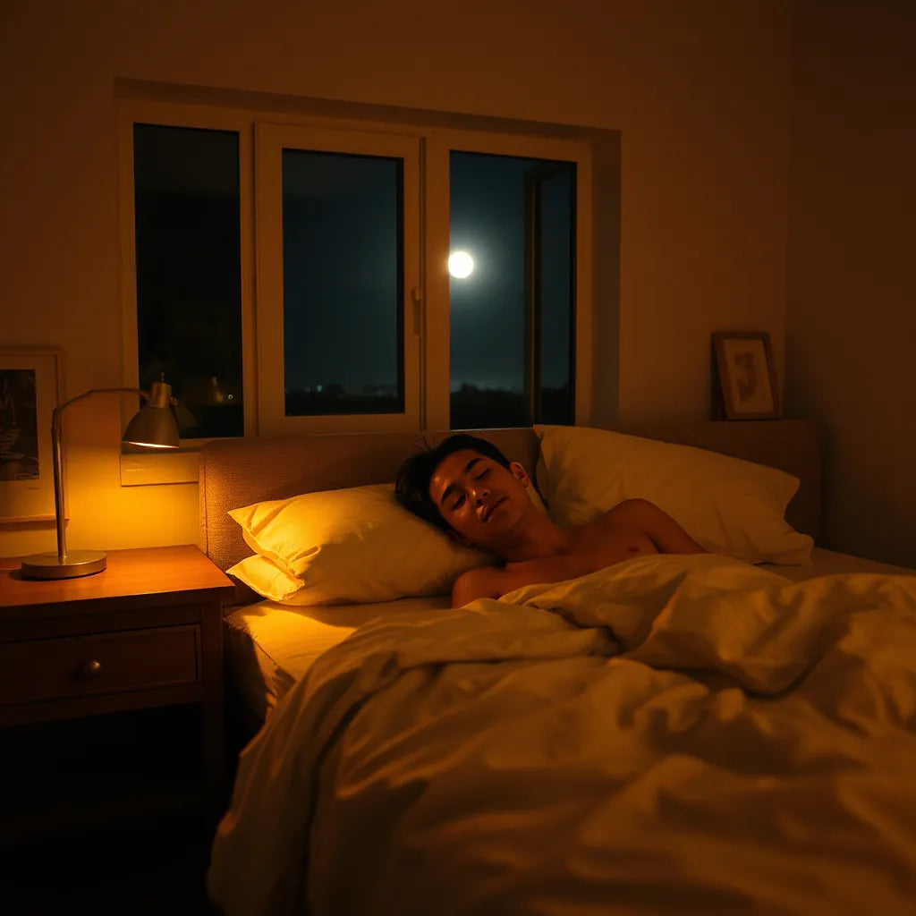 Person resting peacefully in a softly lit bedroom at night for deeper sleep