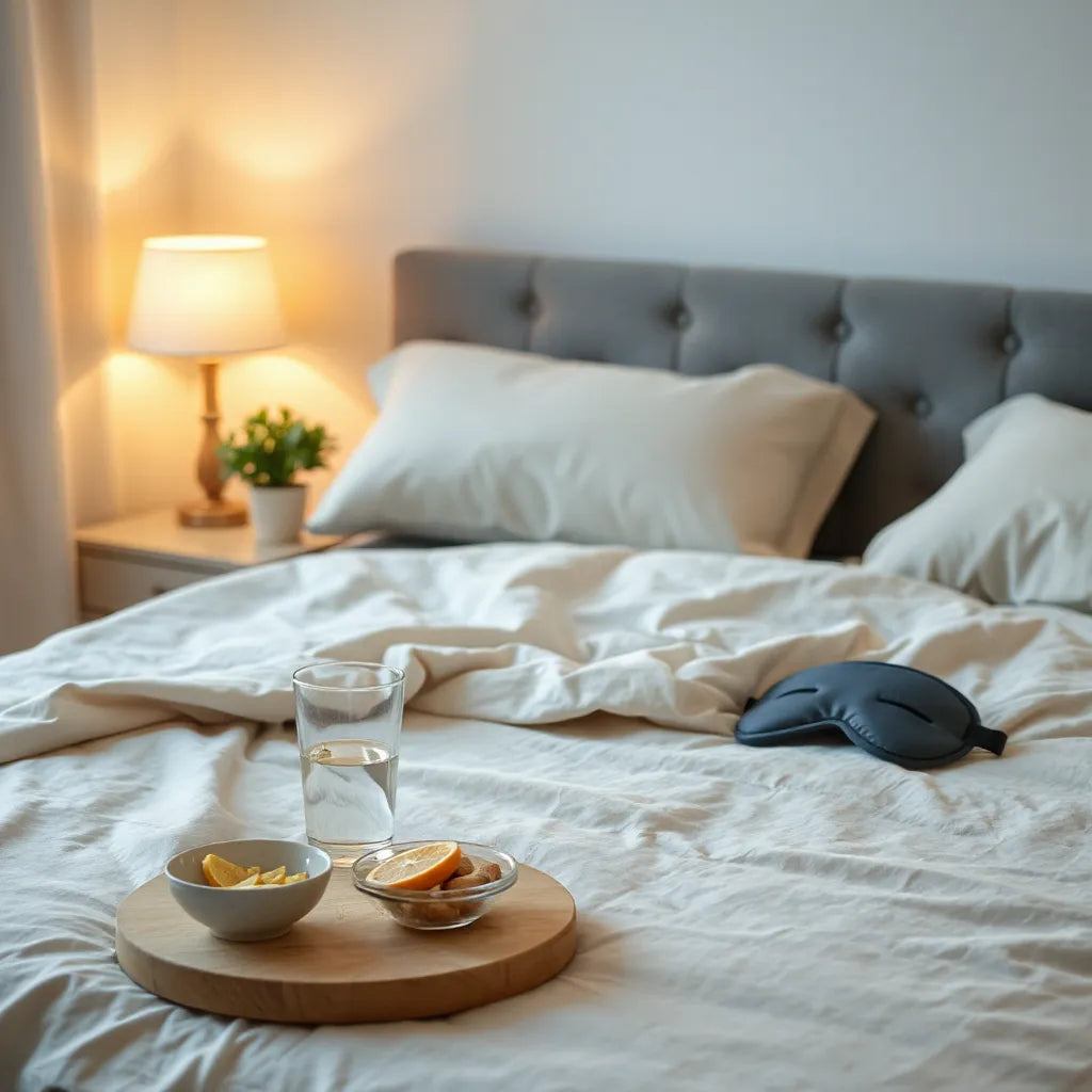 Warm-lit bedroom night scene with a tidy bed, water glass, and natural ingredients on a bedside table