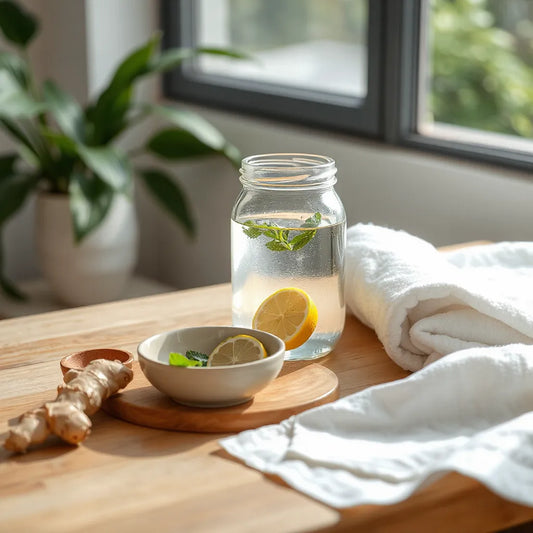 Herbal detox ingredients with a glass jar of water on a sunlit wooden table