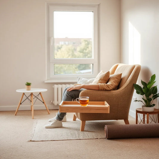 Person seated near a window with herbal tea and meditation cushion in a calm, uncluttered setting