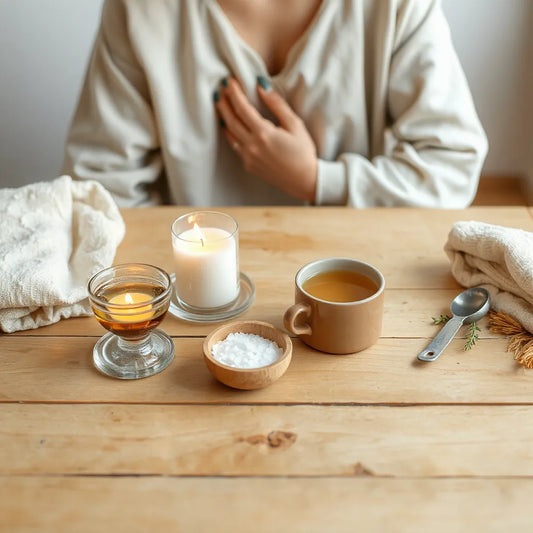Person practicing mindful holistic self-care with herbal tea, candlelight, and natural bath essentials on a wooden table